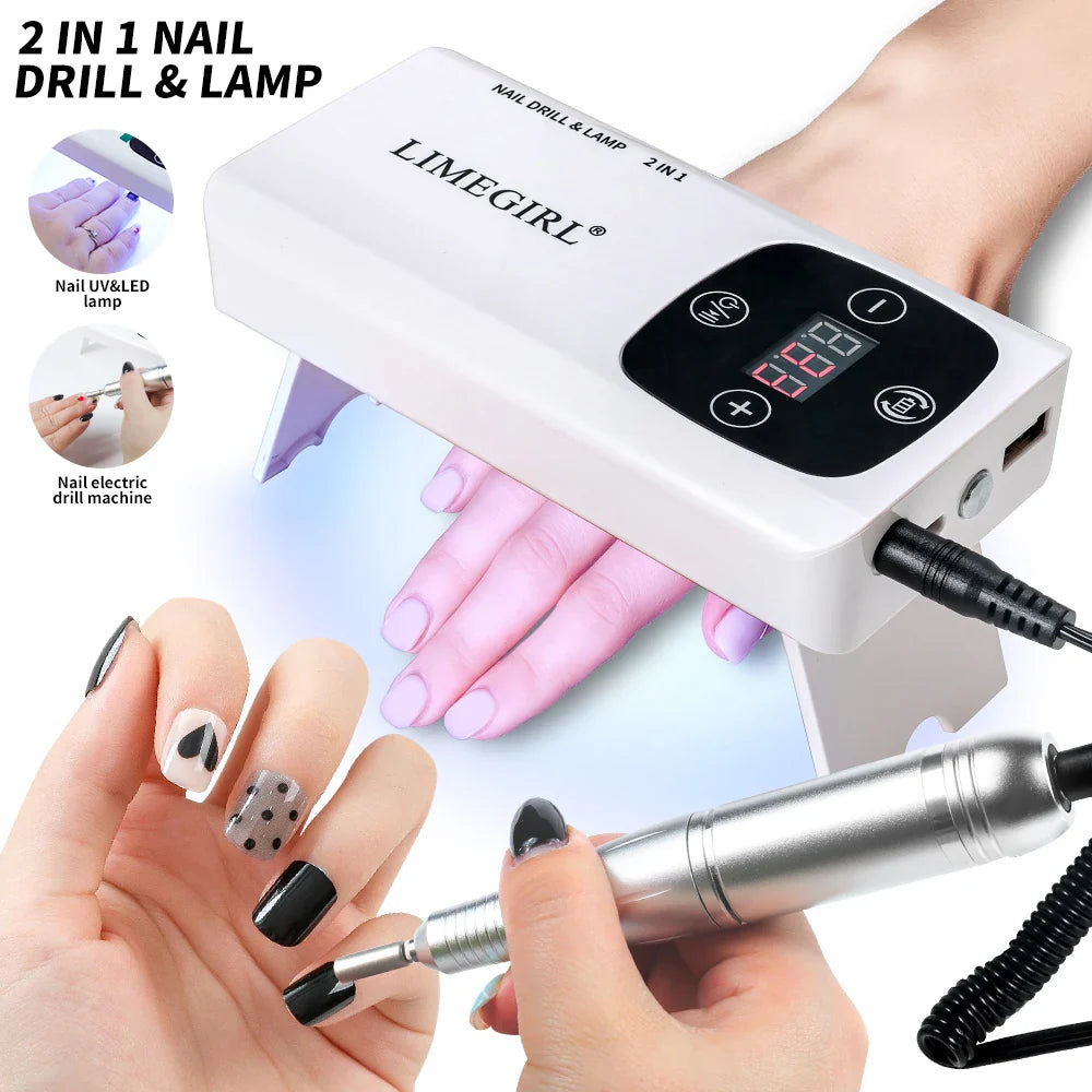 2 IN 1 Nail Drill & Lamp Rechargeable Electric Nail Polishing Machine for Manicure Removing & Drying Home/Salon Acrylic Gel Tool