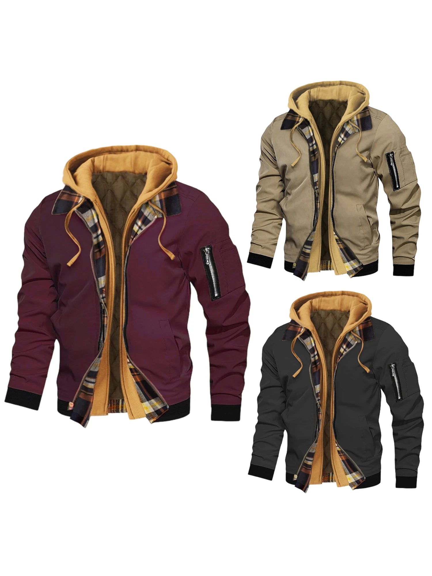 Men's Winter Hooded Jacket Casual Fake Two Piece Design Zip Up Long Sleeve Warm Coats with Faux Fur Lining and Pockets