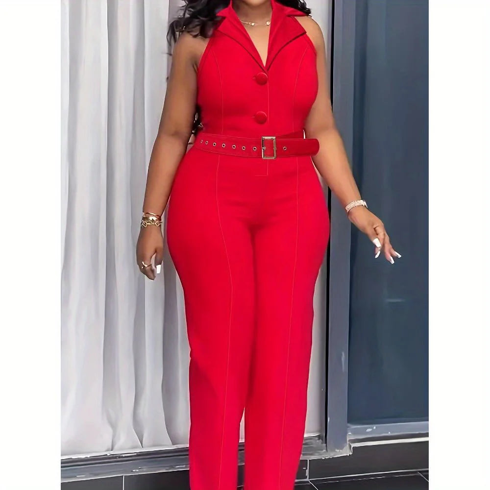Women'S Business Suit Lapel Sleeveless Button Formal Evening Dress “ Office Jumpsuit