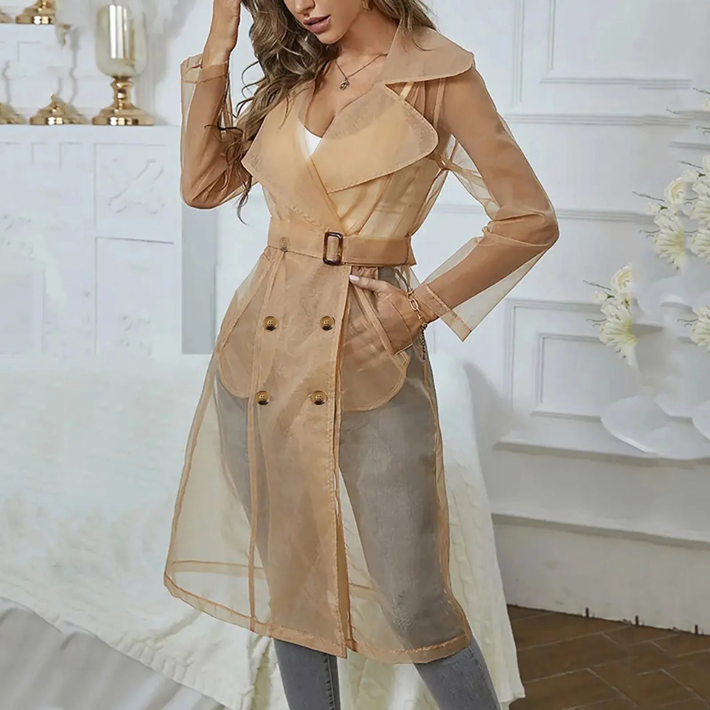 Jackets For Women Mesh Transparent Overcoat Long Sleeve Buttoned Coat With Belt Turndown Collar Light Weight Long Jackets