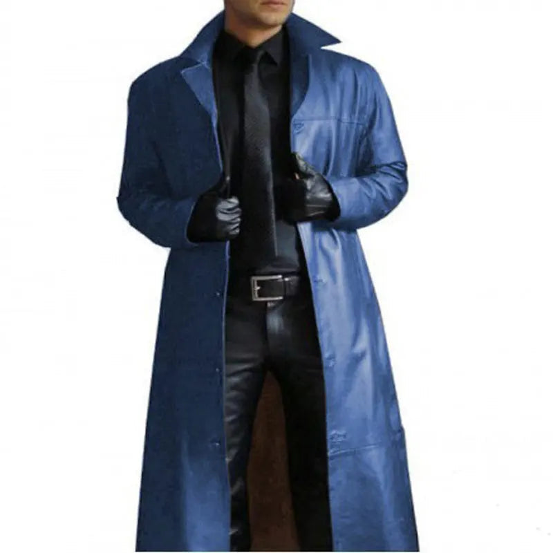 Streetwear Men Faux Leather Trench Fashion Long Windbreaker Coat Slim