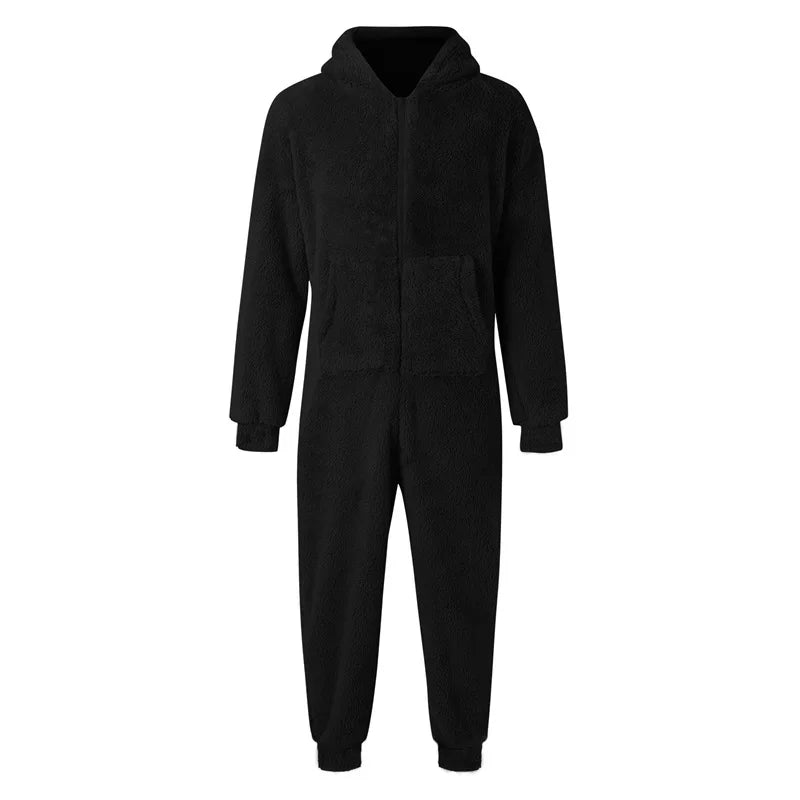 Men Cozy Fleece Hooded Jumpsuit with Zipper Front and Full Length for Winter and Fall Sleepwear Comfort