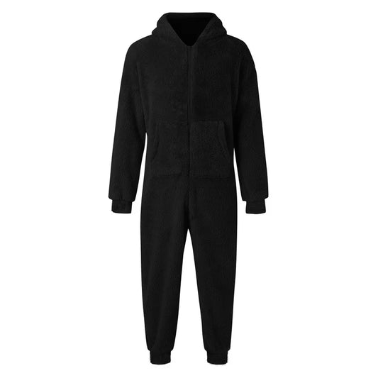 Men Cozy Fleece Hooded Jumpsuit with Zipper Front and Full Length for Winter and Fall Sleepwear Comfort