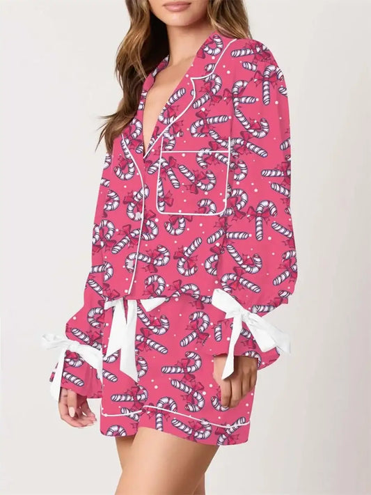 Women 2 Piece Pajama Set with Festive Christmas Print Cozy Long Sleeve Shirt and Elastic Waist Shorts for Comfortable