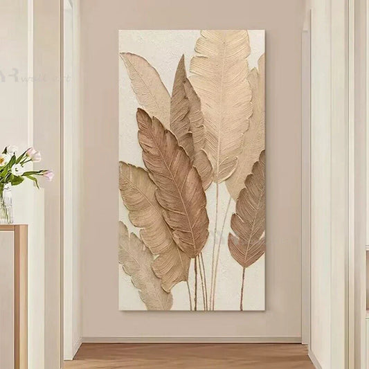 Large Brown Leaves Nordic Modern Abstract Pure Handmade Oil Painting Home Decoration For Bedroom Dining Room  Living Room  Mural