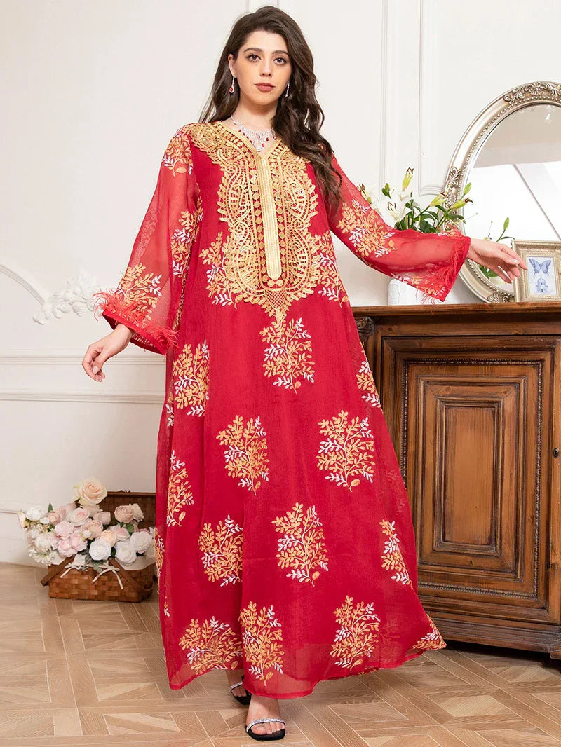 Charming banquet style Round neck Printing Embroidery Regular sleeve Kaftan suitable for all seasons