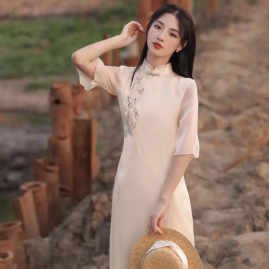 2025 Traditional Vietnam Ao Dai Dress Chinese Chiffon Cheongsam Oriental Casual Daily Stand Up Collar Improved Qipao Dress A80