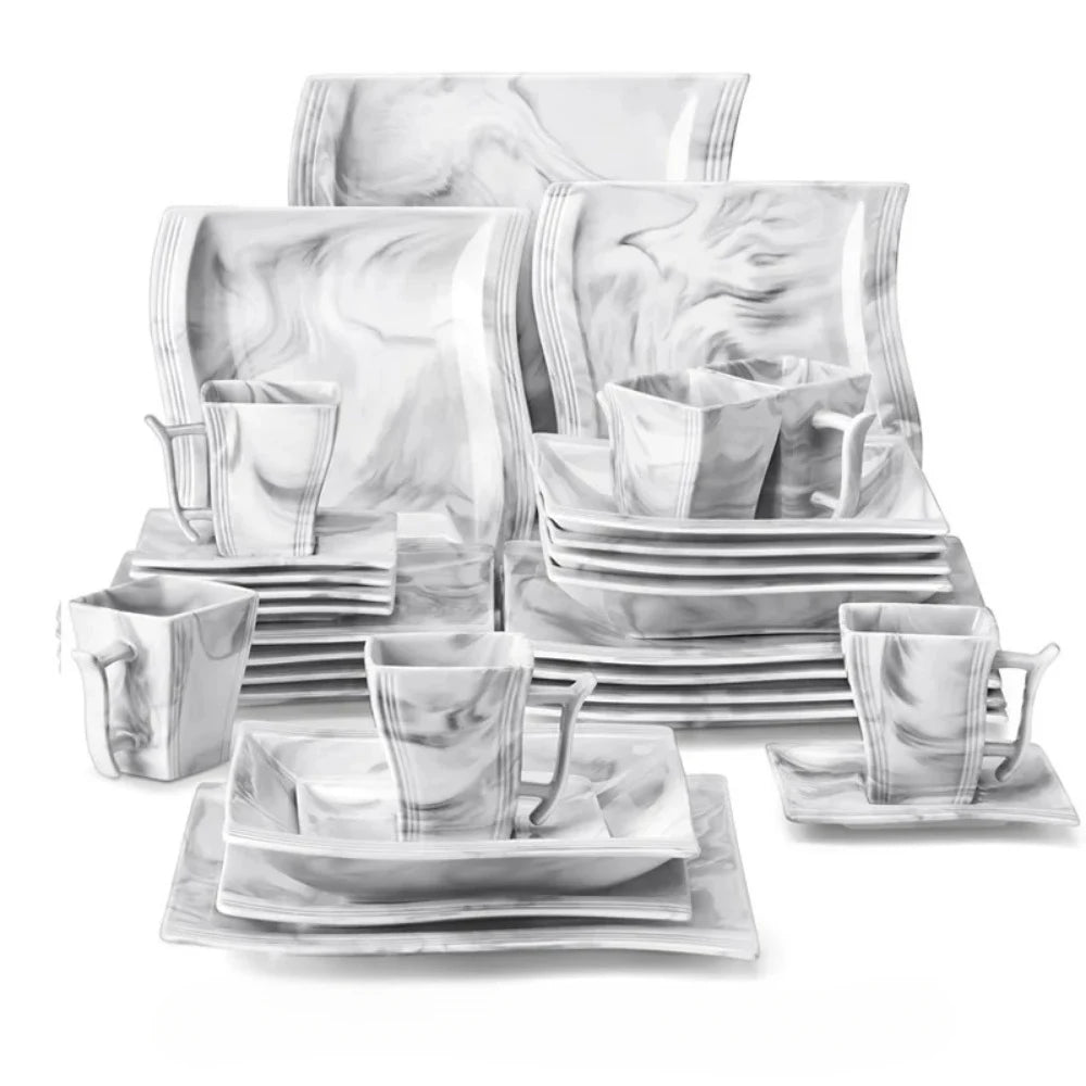 Malacasa Flora 30Pcs Marble Porcelain Dinnerware Set With 6 Piece Dinner Plate Dessert Plate Soup Plate Cups &Saucers