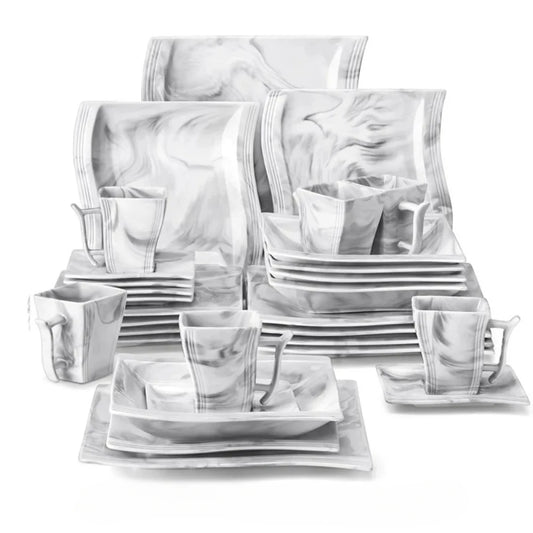 Malacasa Flora 30Pcs Marble Porcelain Dinnerware Set With 6 Piece Dinner Plate Dessert Plate Soup Plate Cups &Saucers