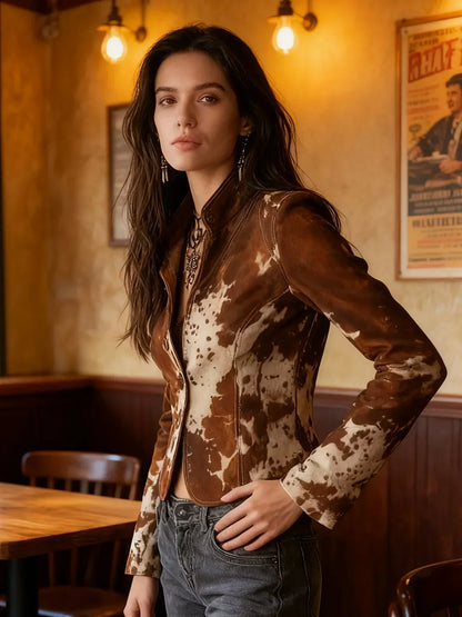 Women'S Retro Brown And White Cow Print Lapel Top Casual Jacket - Slim Fit Single Breasted Design, Long Sleeves