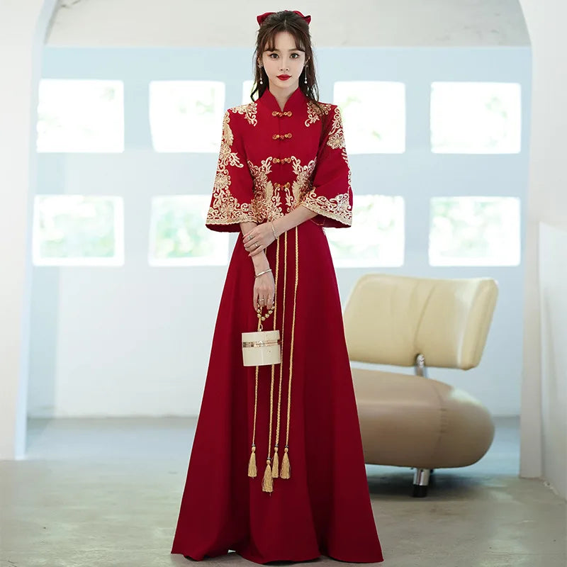 Chinese Style Burgundy Cheongsam Lady Tassels Qipao Large Size 6Xl 7Xl 8Xl Formal Party Dress Elegant Bridal Wedding Dress