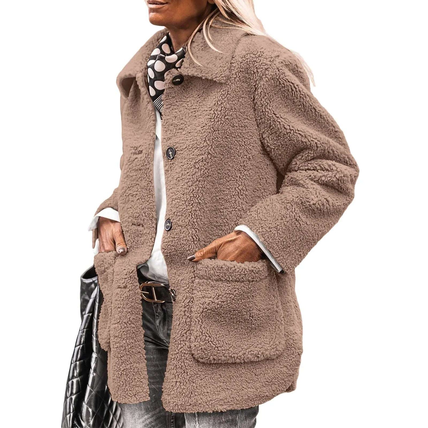 Women'S Winter Faux Fur Coats Long Sleeve Lapel Button Down Pockets Fleece Jacket Casual Trendy Outerwear Winter Clothes Women'S