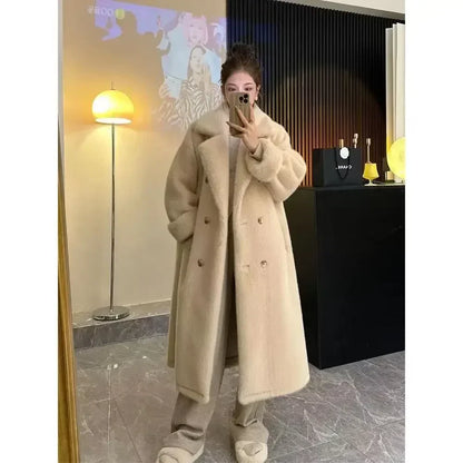 Women'S Long Thick Faux Fur Maxi Jacket Colorblock Autumn Winter Coat Warm Belt Fur Parkas Bontjas Furry Outerwear Coats