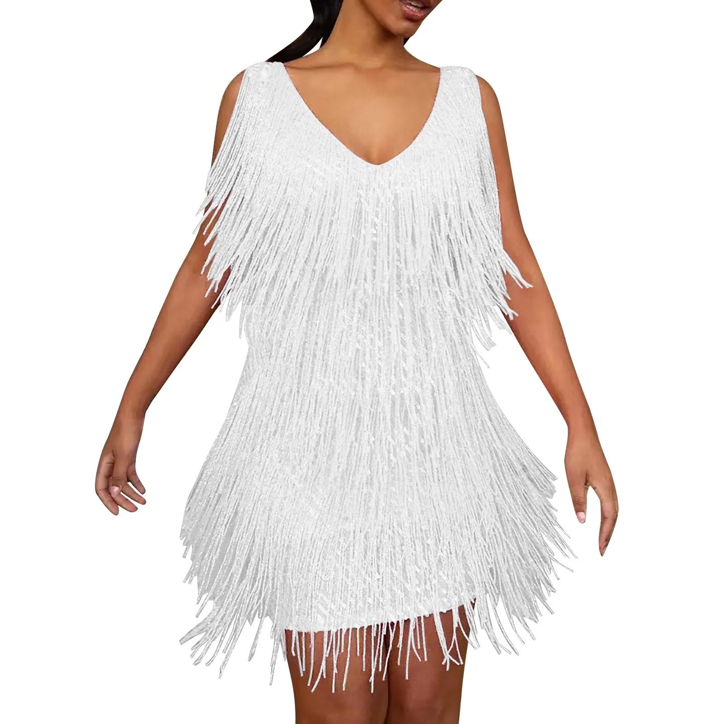 Sexy Tassels Sequin Cocktail Mini Dress Women Sleeveless V-Neck Robe P