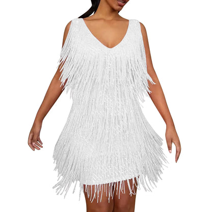 Sexy Tassels Sequin Cocktail Mini Dress Women Sleeveless V-Neck Robe P