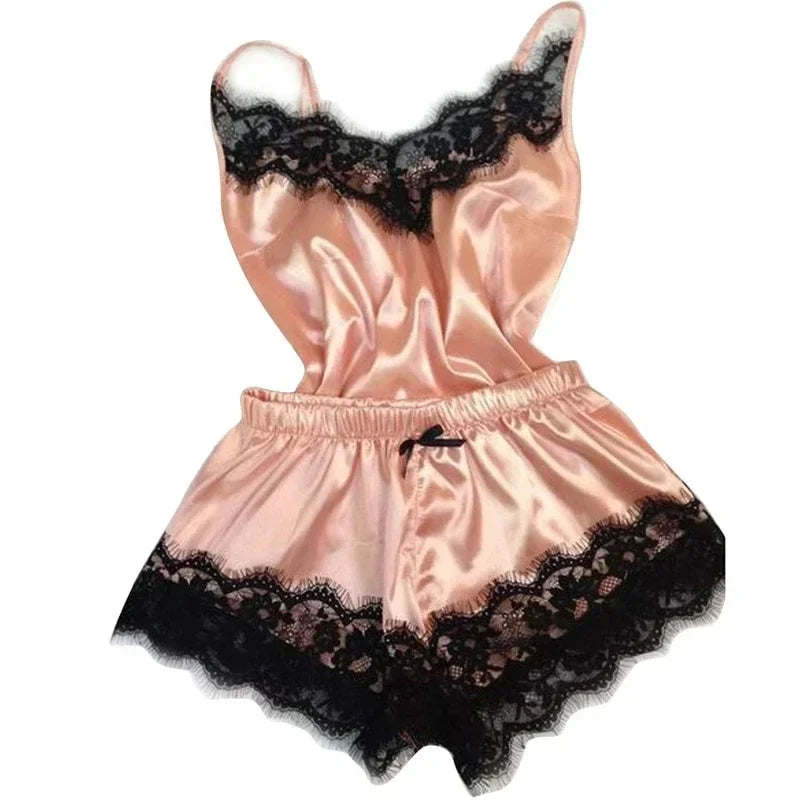 Summer Lace Silk Pajama Set For Women Sleepwear Gorgeous Lingerie Cami Top