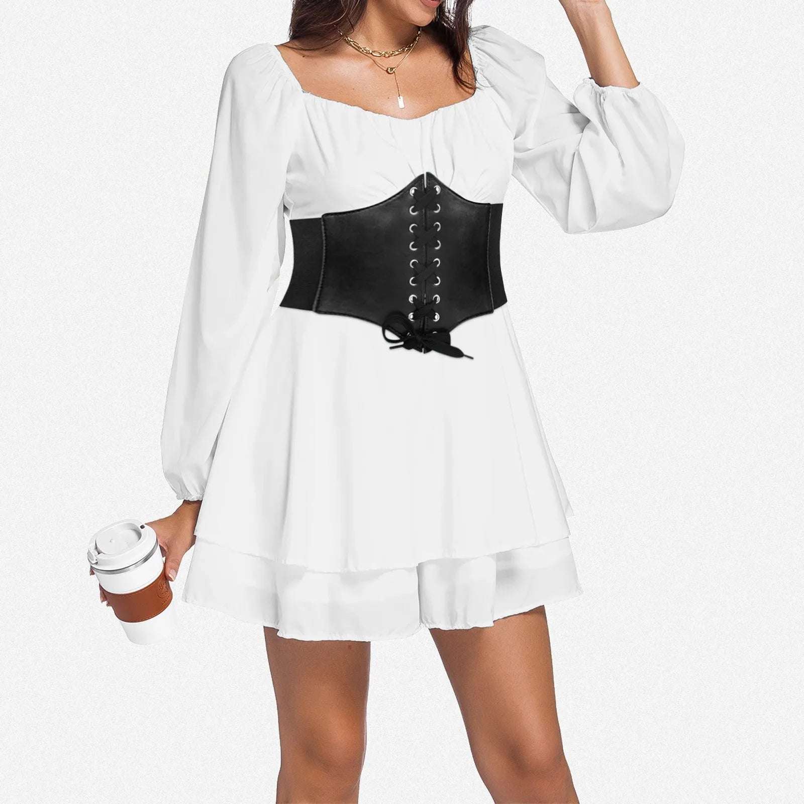 Women Ruffles Romper Dress With Belt White A Line Long Sleeve Dress Off Shoulder Knee Length Ladies  Dress Rave Outfits
