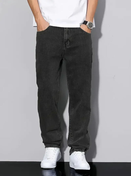 [Classic Black Denim Jeans] Classic Black Denim Jeans - Cotton Blend, Versatile All-Season Wear, Non-Stretch Fabric, Regular Fit