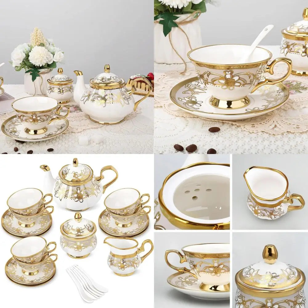Elegant 21-Piece Porcelain Tea Set With Sugar Bowl, Creamer, Cups, And Saucers, Ideal For Royal Events And Celebrations