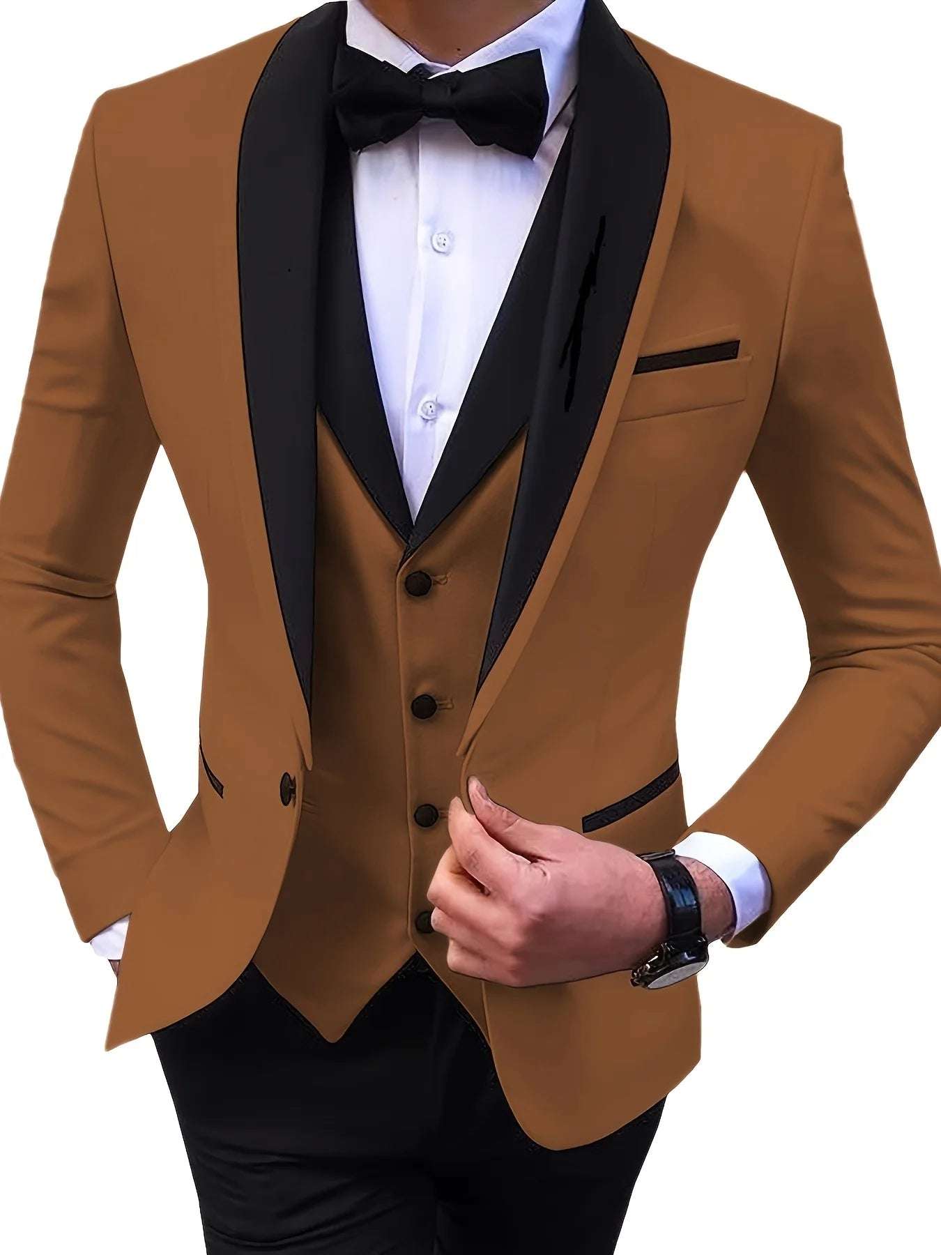 Elegant Slit Men's Suits 3 Piece Black Shawl Lapel Casual Tuxedos for Wedding GroomsMenuits Men (Blazer+Vest+Pant)