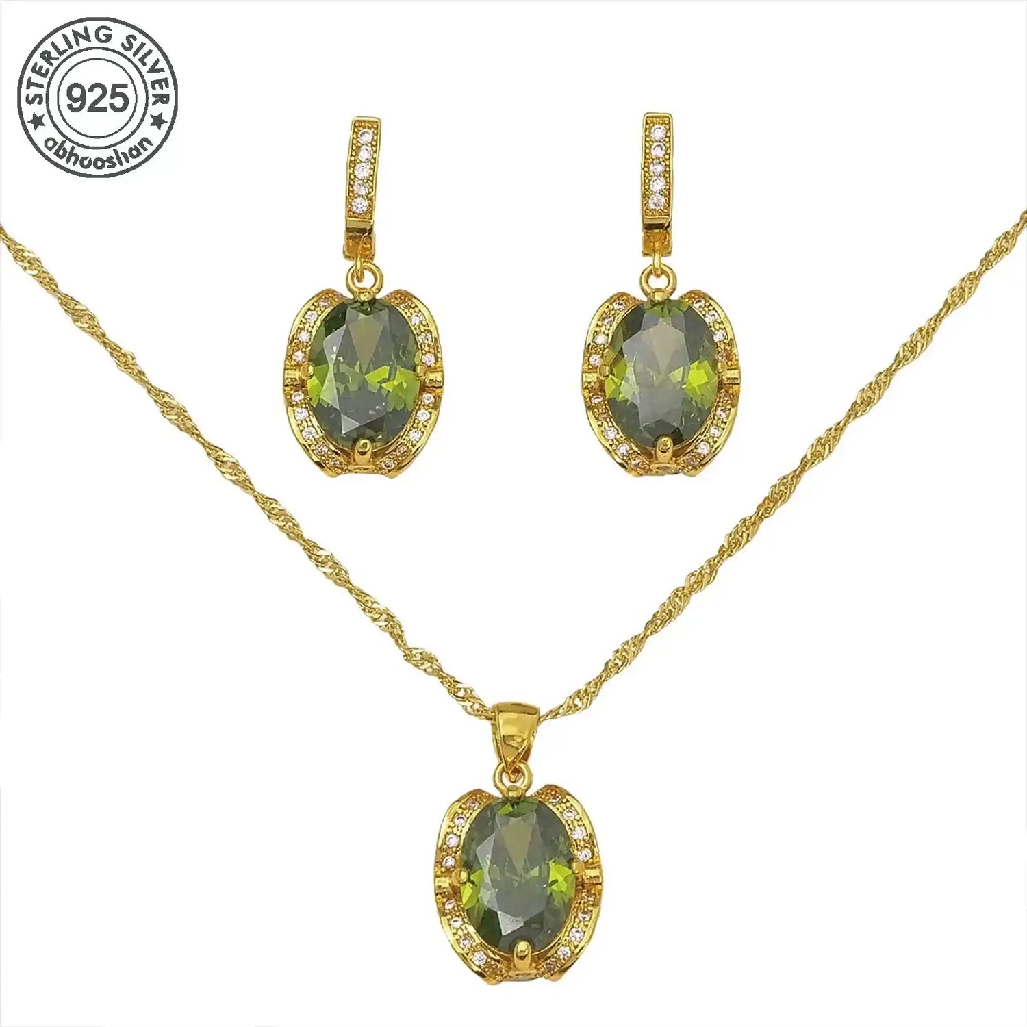 925 Silver Dark Green Moissanite Jewelry Set - Necklace & Earrings for Weddings
