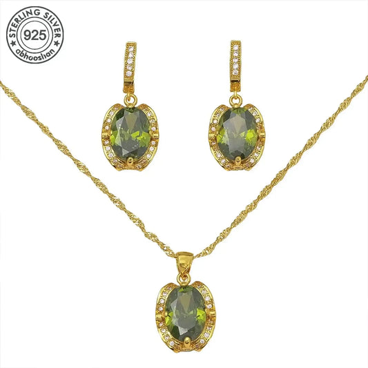925 Silver Dark Green Moissanite Jewelry Set - Necklace & Earrings for Weddings