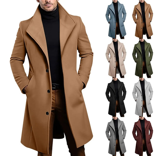 Fashion Men's Woolen Mid Length Coat Autumn Winter Male Solid Color Windbreaker Coat Outdoor Casual Streetwear Birthady Gift