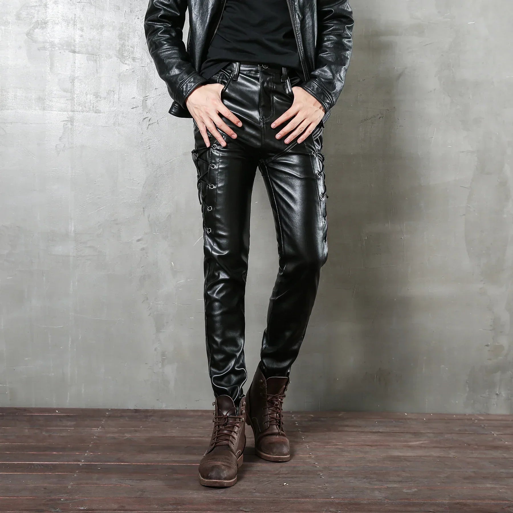 Men'S Motorcycle Rock Night Club Steampunk Biker Lace Up Pu Leather Pants Slim Fit