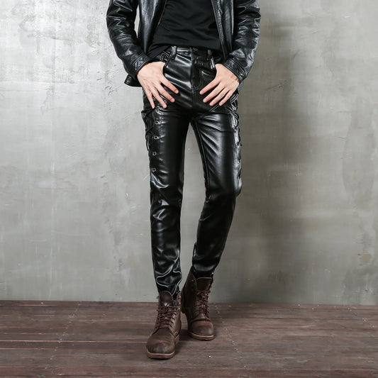 Men'S Motorcycle Rock Night Club Steampunk Biker Lace Up Pu Leather Pants Slim Fit