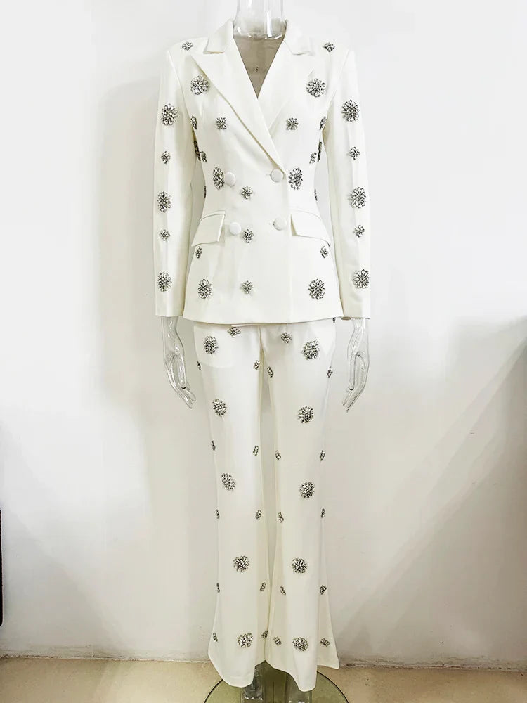 Newest Fashion 2024 Designer Suit Set Women  Rhinestone Diamonds Beaded Blazer Flare Pants Suit 2pcs