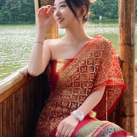 Luxury Thai Women's Vintage Dress Thailand Traditional Clothing 3-piece Set Vietnamese Dresses Slim and Sexy Yukata Dai Costume