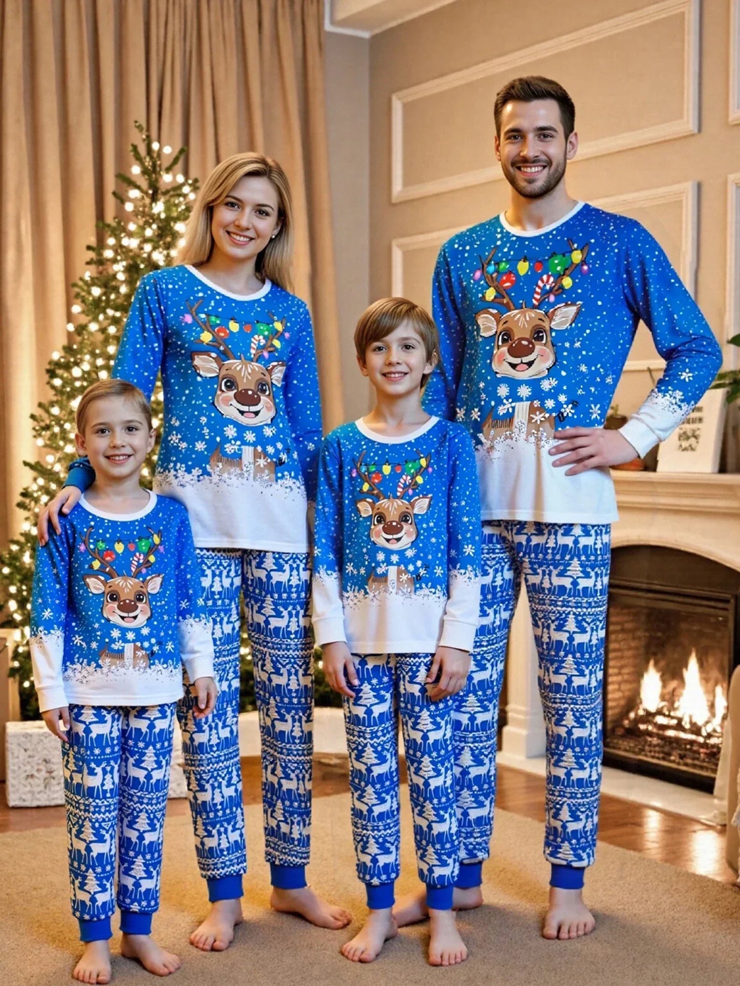 Christmas Family Pajamas Matching Set Long Sleeve Snowflake Print Top with Reindeer Print Bottoms Sleepwear Loungewear