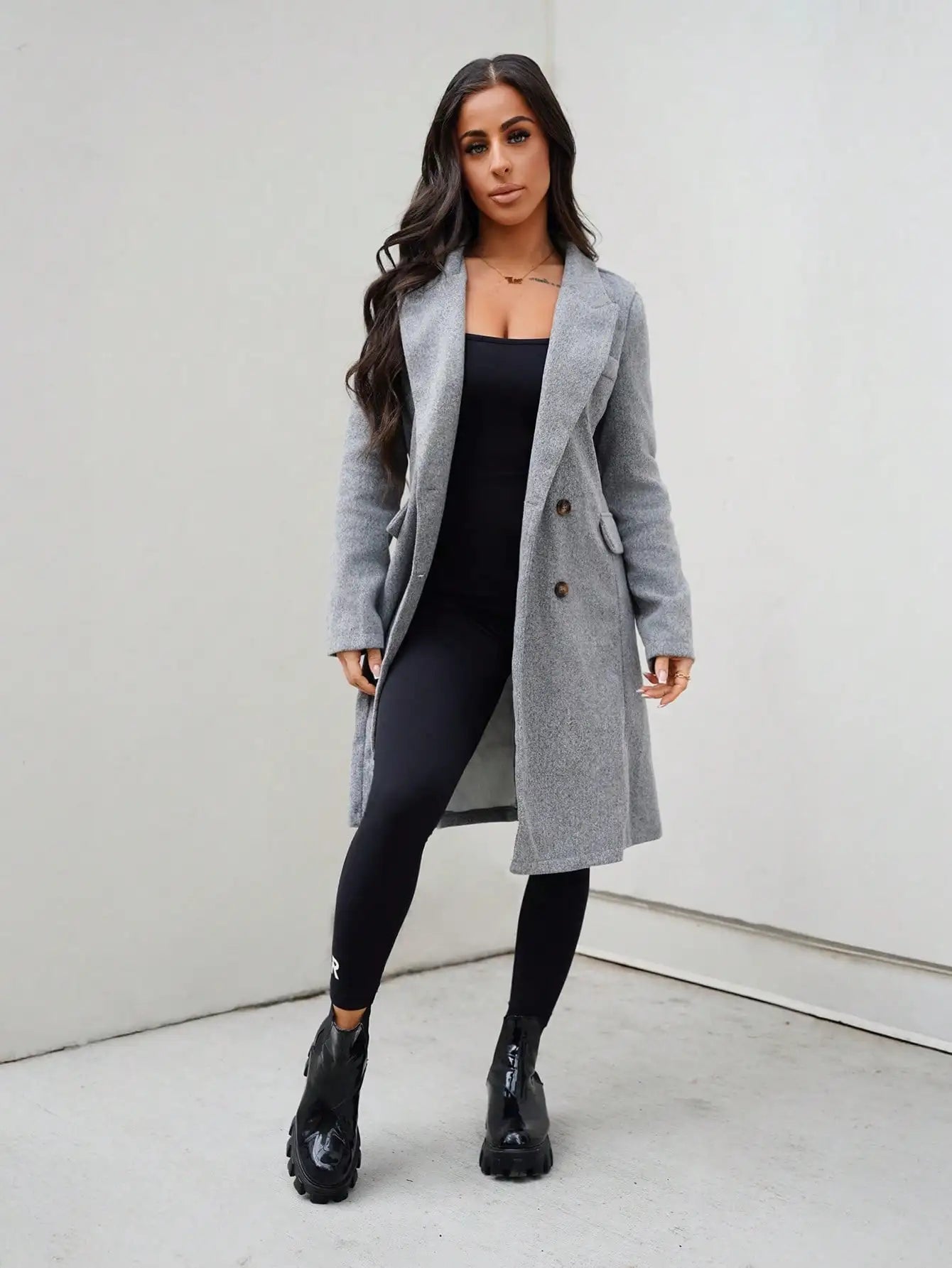 WoMen's Double Breasted Long Coat For Fall Winter, Solid Gray Wool Blend Outerwear