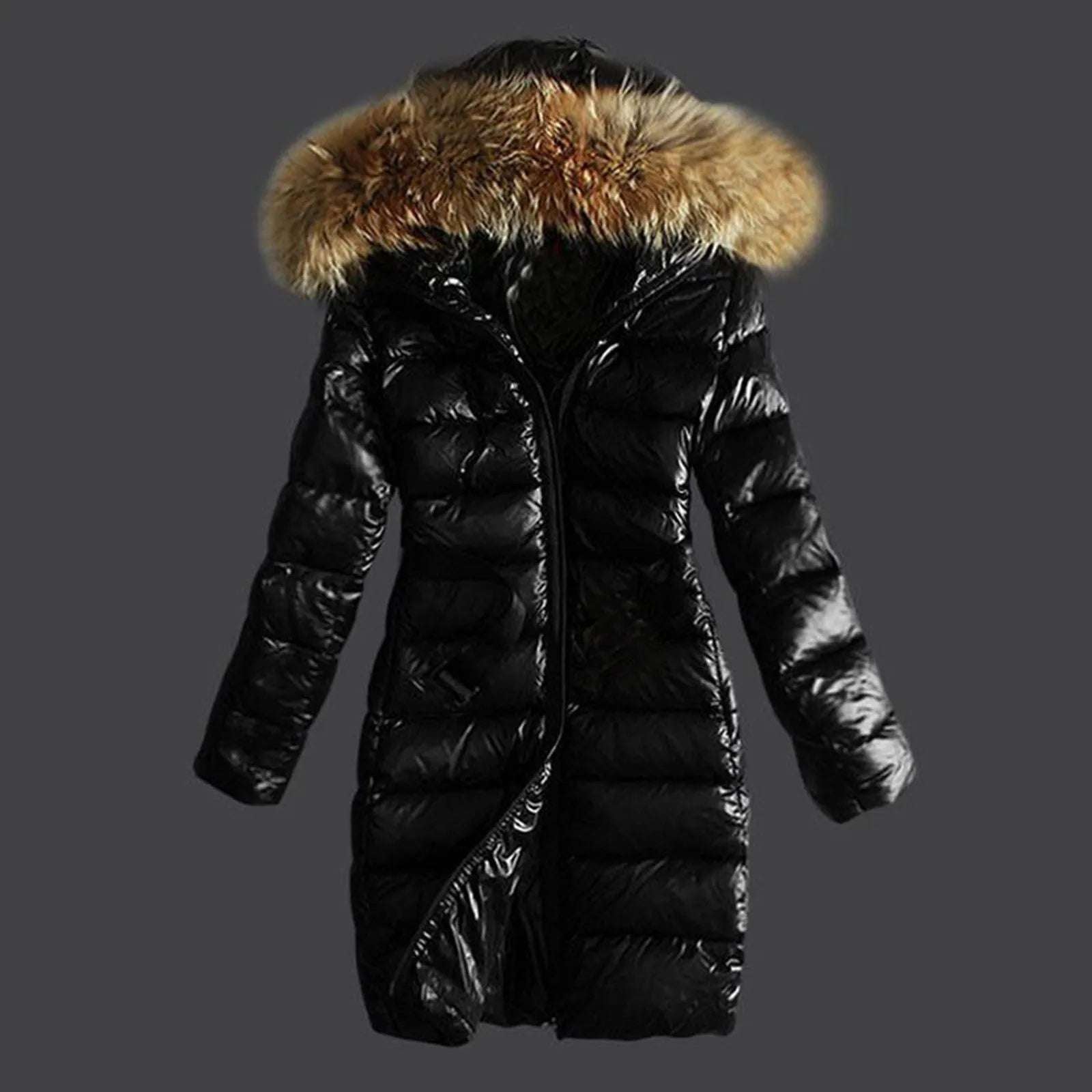 Winter Women Basic Black Hooded Cotton-Padded Clothes With Faux Fur Collar Warm Quilted Jackets Waterproof PU Leather Outwears