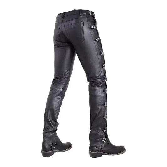 Black Matte Faux Leather Men's Pencil Pants Vintage PU Slim Casual Male Straight Trousers Chic Bodycon Splicing Pant New Custom