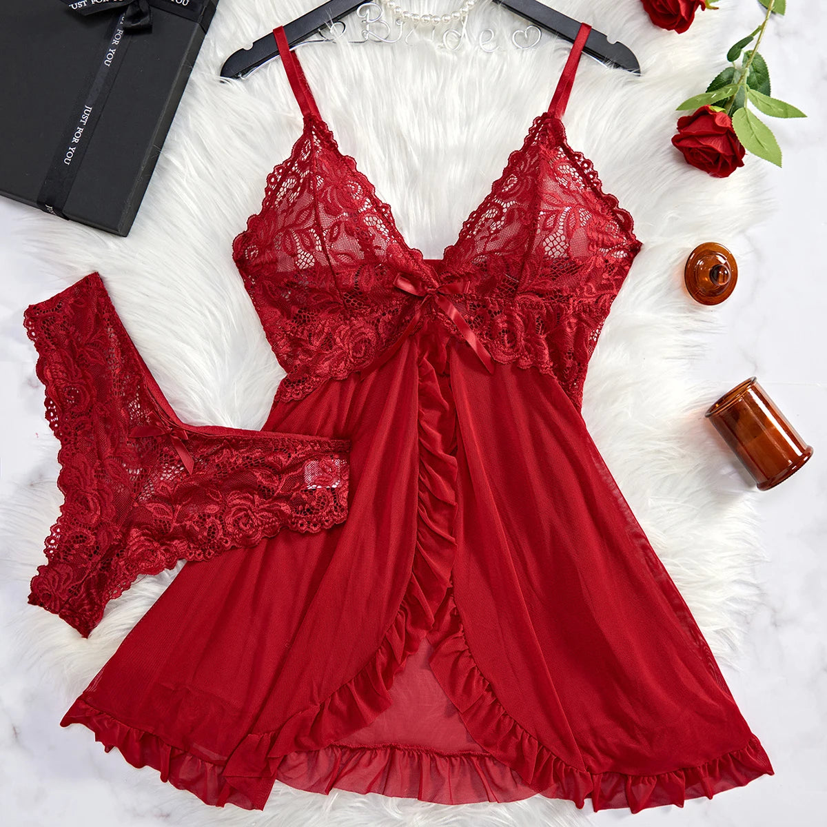 Summer Gorgeous Lingerie Dress Women Lace See Through Nightdress Sleepwear