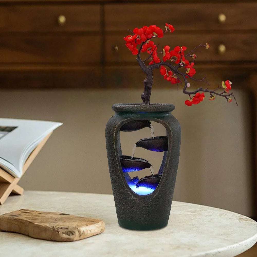Flower Vase Waterfal Tabletop Fountain LED Light Indoor Water Fountain FengShui Decor with Atomizer for Office Home Decor