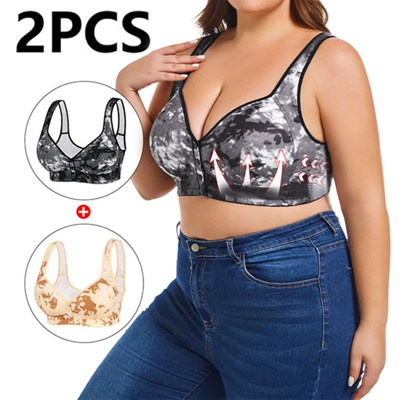 2Pcs Plus Size Tie-Dye Print Large Front Button Bra For WoMen, Stretch, High Stretch Collarless Design With Button Detail