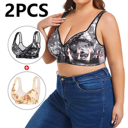 2Pcs Plus Size Tie-Dye Print Large Front Button Bra For WoMen, Stretch, High Stretch Collarless Design With Button Detail