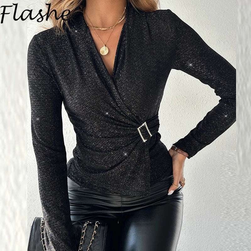 Long Sleeve Blouses Women V Neck Black Shirt Women  Lace Up Sparkling Tops Female Office Shirt