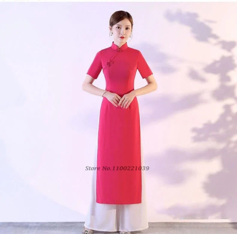 2025 Vietnam Aodai Chinese Traditional Cheongsam Dress+Pants Set National Ao Dai Cheongsam Party Dress Oriental Qipao