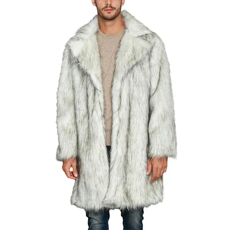 Men Winter Coat Long Sleeve Lapel Collar Open Front Faux Fur Coat Jacket Outwear