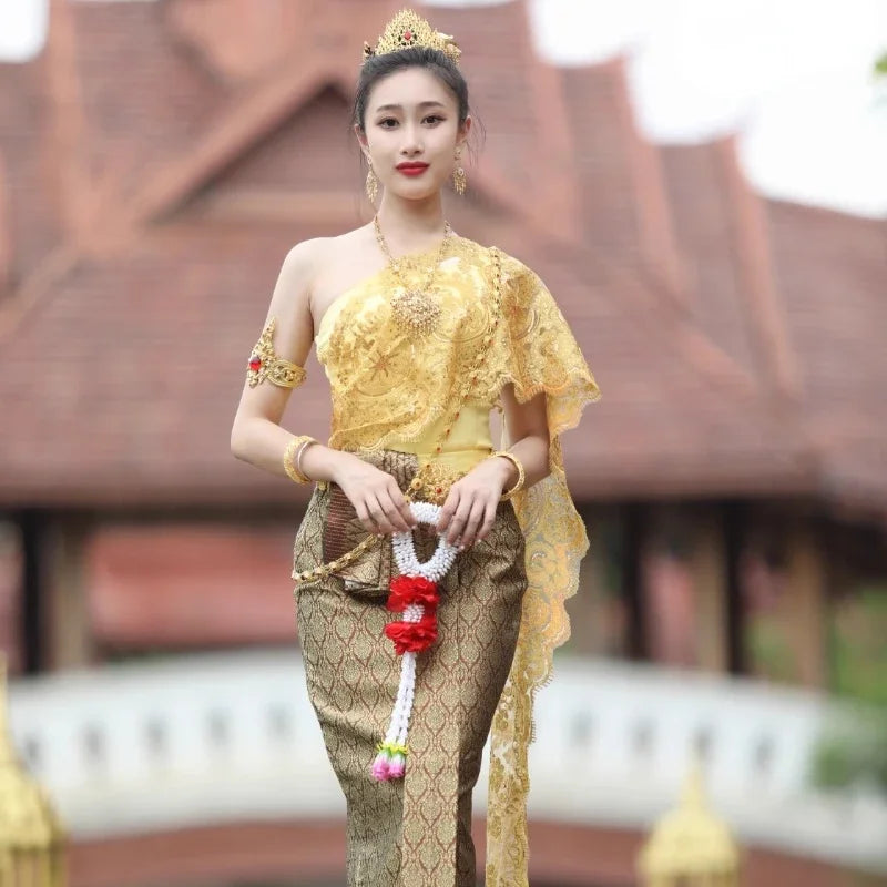 Spring Summer Thailand Traditional Dress Clothing for Women  Thai Outfit Tops Tube Skirt Southeast Asian Style Clothes