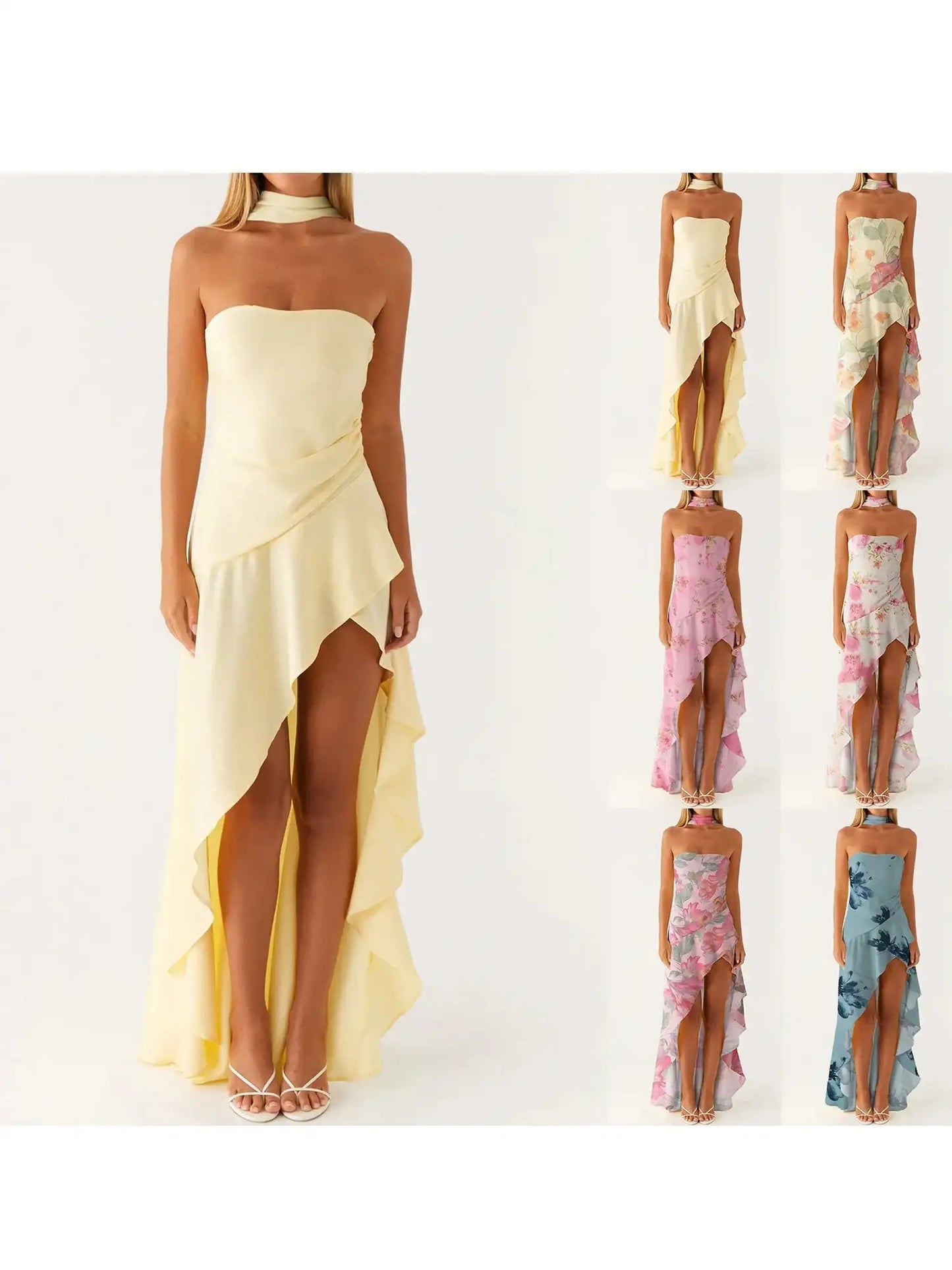 Women Elegant Off-Shoulder Maxi Dress with Floral Print and Ruffled Hemline Perfect for Summer Parties and Events