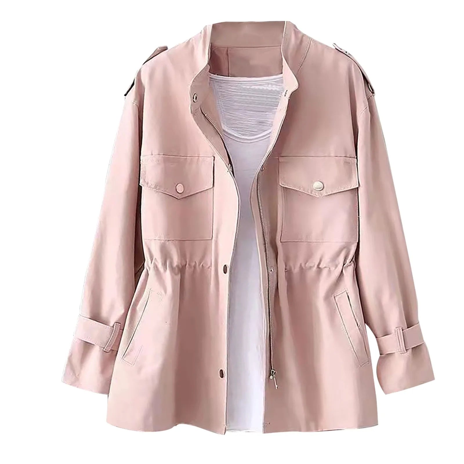 Women'S Windbreaker Elastic Waist Solid Korean Style Belted Trench For Women'S Lapel Zippered Button Down Casual Jackets Coat