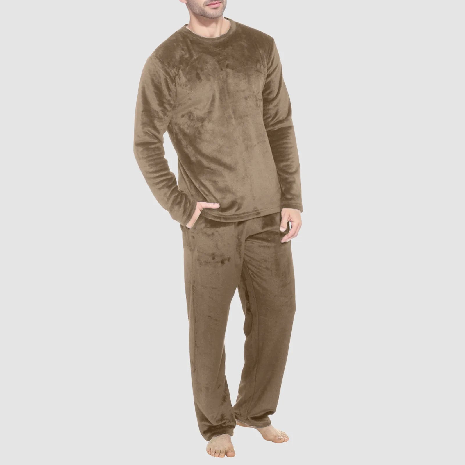 Men'S Autumn Winter Warm Coral Velvet Pajama Suit Solid Color Sleepwear Fleece 2 Piece Set Long Sleeve Pullover Tops+Pants Sets