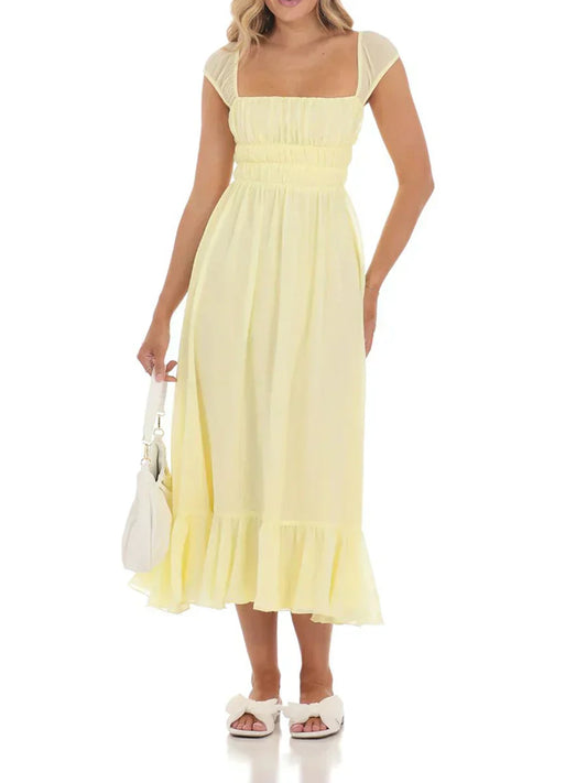 Elegant Off-Shoulder Maxi Dress with Floral Print and Ruffled Hemline Suitable for Summer Weddings and Parties