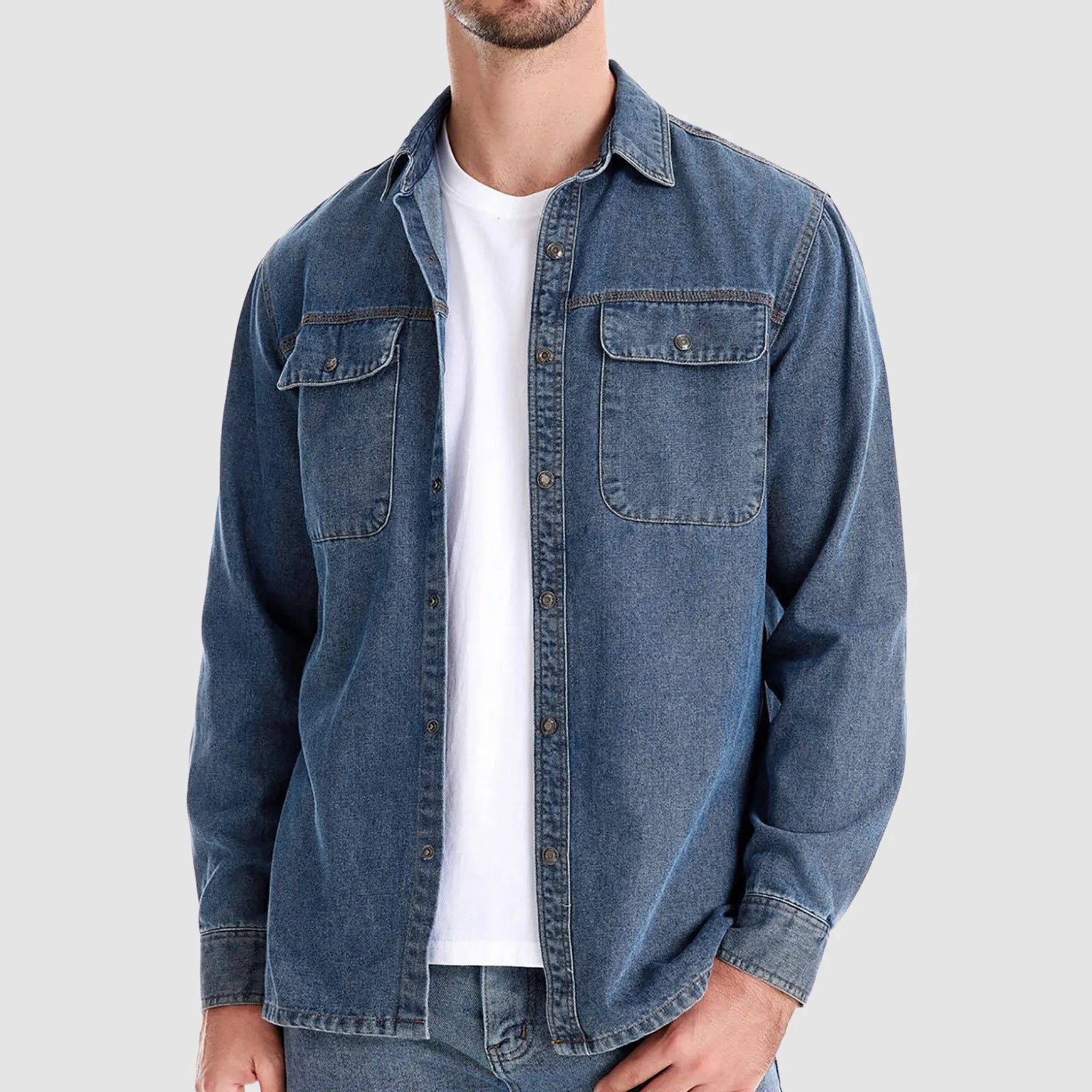 Men'S New Chinese Denim Jacket Men'S Jacket New Men'S Washed Denim Shirt Men'S Casual Cotton Long Seeved Chaquetas Hombre Invierno