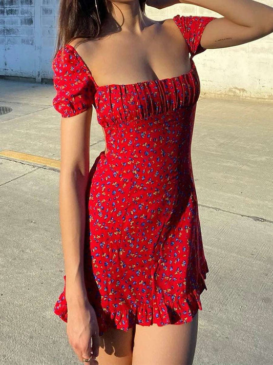 Women Elegant V-Neck Sleeveless Maxi Dress with Floral Print and Ruffled Hem for Summer Beach Wedding Party