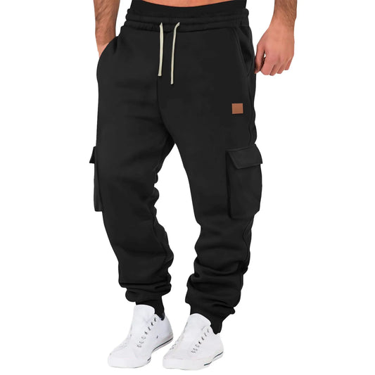 Multi Pockets Men Jogging Sweatpants Casual Drawstring Sports Solid Color Leather Label Trousers For Men Hip Hop Versatile Pants
